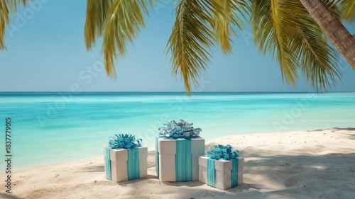 Azure sea, white-sand beach, palm-fringed shade, pastel gift boxes arranged on shore under blue sky!