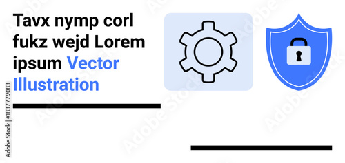 Gear icon and shield with lock combine to suggest data security, system settings, cybersecurity. Ideal for software, technology, safety, configuration, privacy, IT support simple landing page