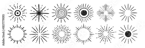 Set of scribble sunburst with organic texture of crayon, chalk or pastel . Collection of cute suns. Black vector illustration on a white background.