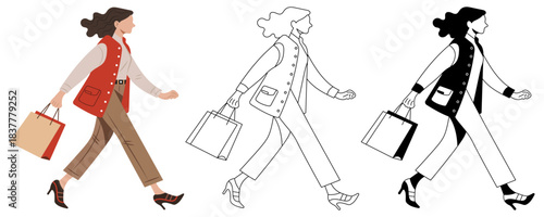 Fashionable young woman walking with shopping bag isolated vector illustration