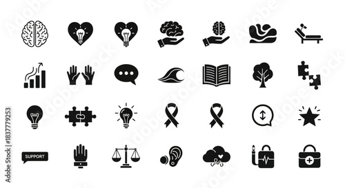 Set of Black and White Icons for Mental Health Awareness, Support, and Emotional Well-being