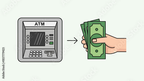 Hand withdrawing cash from an ATM machine, illustrating financial transactions and access to funds