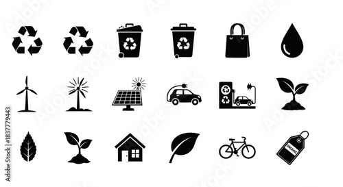 Set of Eco Friendly Recycling and Sustainable Living Icons for Environmental Design