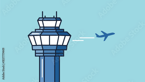 Air traffic control tower with airplane flying by, symbolizing aviation and air travel management