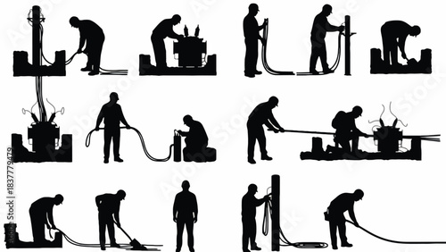 Illustrations depicting manual labor and industrial processes