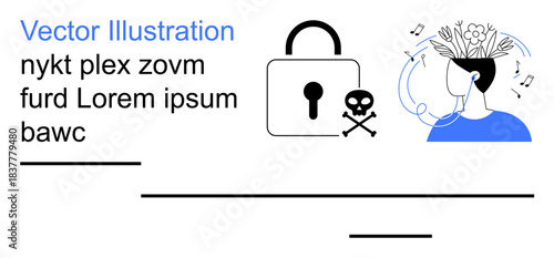 Cybersecurity, personal health, online wellness, digital safety, mental balance, creative focus. Padlock symbol and person with plants, musical notes in the head. Cybersecurity and personal health