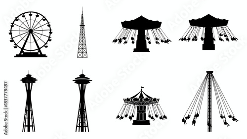 Amusement Rides, Iconic Structures, Urban Funfair, Vector Illustrations, Cityscape, Silhouette, Playfulness