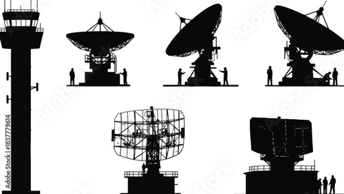 Radar and Satellite Dish Silhouette Set with Communication Towers and Antenna Technology Equipment