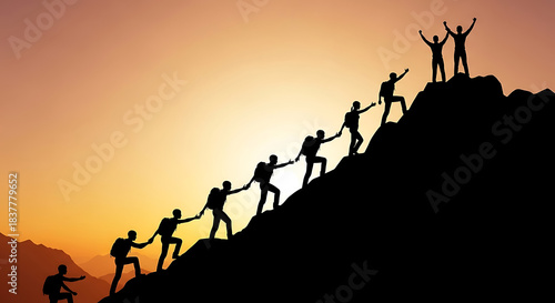 Silhouetted hikers ascend a mountain slope at sunset in a chain of support climbing hiking