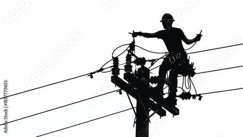 Electric Lineman Silhouette Working on Power Lines Utility Worker Maintenance Safety Concept Illustration