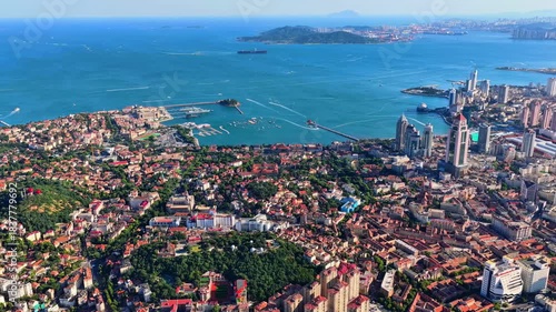 Qingdao Coastal City Skyline - Historic and Modern Landmarks Aerial View