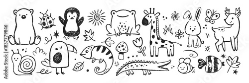 Set of cute animals with organic texture of crayon, chalk or pastel . Bear, giraffe, dear, bunny. Black vector illustration on a white background.