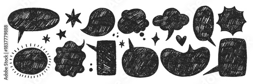 Set of text boxes with organic texture of crayon, chalk or pastel . Square, star, heart and cloud in retro style. Black vector illustration on a white background.
