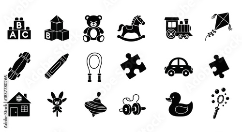 Toy Icons Set Black and White for Childhood Education and Playtime Design Collection