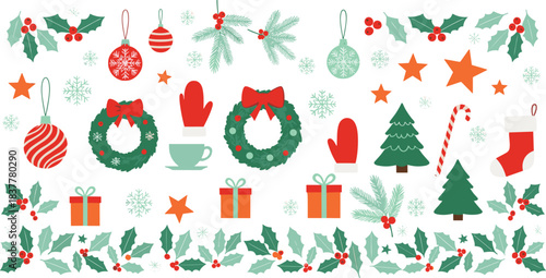 Vector Collection of Flat Christmas Elements: Holly, Ornaments, Wreaths, Mittens, and Trees