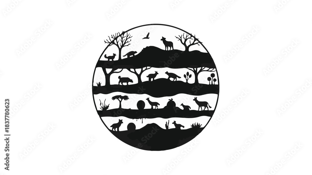 Obraz premium Diverse wildlife silhouette ecosystem within a circular landscape