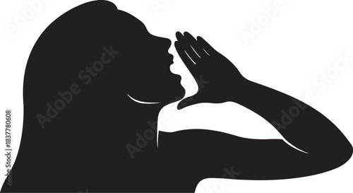 Black silhouette of a woman shouting on white background, vector