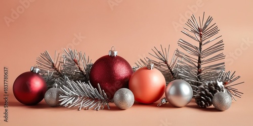 Elegant christmas border with red and silver ornaments on a pink background, a festive holiday flat lay with copy space