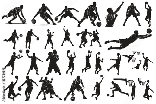 A bold and dynamic basketball player dunking silhouette capturing the power, energy, and motion of a high-flying slam dunk