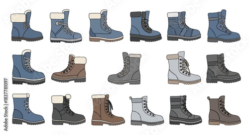 A collection of various styles of winter boots, including lace-up and fur-lined designs, presented in a grid format.