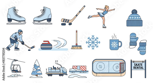 Collection of winter sports and activities icons, including ice skates, hockey, curling, skiing, and winter accessories.