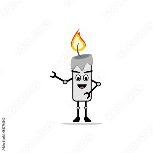 A charming cartoon candle character with robot limbs and a friendly face stands on a light background. It has molten wax dripping and a bright flame on top