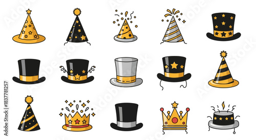 A collection of festive party hats and crowns, including cone-shaped hats with polka dots and stripes, top hats, and ornate crowns, all in gold and black.