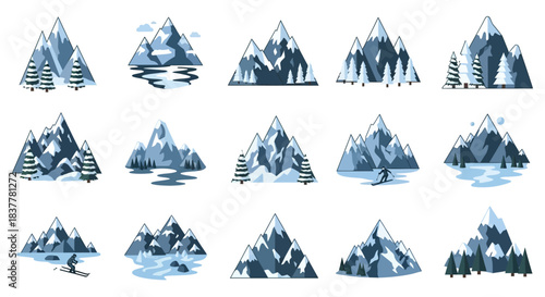 Collection of stylized mountain range illustrations with various natural elements like trees, water, and skiers.