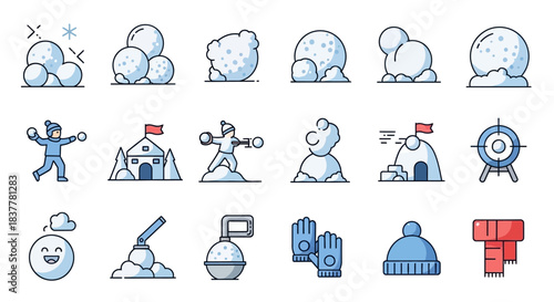 Collection of winter-themed icons depicting snowballs, snowmen, winter activities, and clothing.