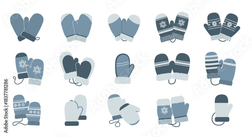 A collection of various winter mittens and gloves in shades of blue and grey, displayed in a grid pattern.