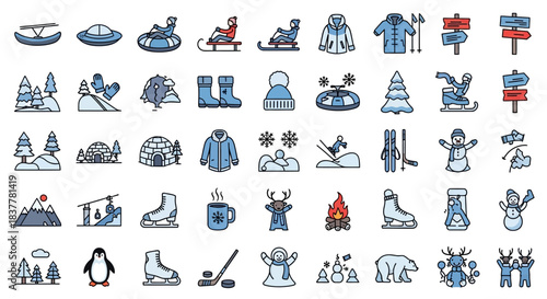 A collection of winter-themed icons depicting various activities, clothing, and elements associated with the cold season.