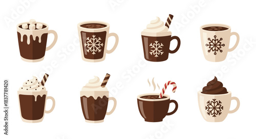 A collection of eight delicious hot chocolate mugs, some topped with whipped cream, marshmallows, and candy canes, perfect for a winter treat.