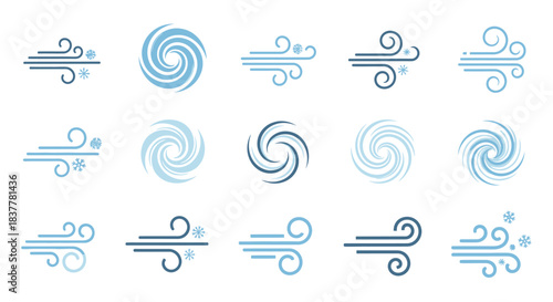 A collection of stylized icons representing wind and weather phenomena, including gusts, breezes, and swirling vortexes.