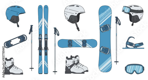 A collection of winter sports equipment including skis, snowboards, helmets, boots, and goggles.