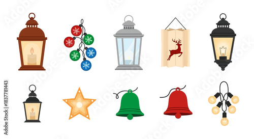A collection of festive Christmas decorations including lanterns, string lights, bells, and a reindeer banner.