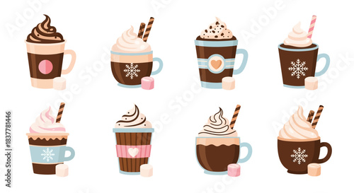A collection of eight delicious-looking hot chocolate drinks with whipped cream and various toppings, presented in a visually appealing arrangement.
