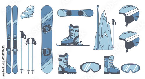A collection of winter sports equipment including skis, snowboards, boots, helmets, and goggles, presented in a blue and white color scheme.