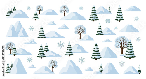 A whimsical winter scene with snow-covered hills, evergreen trees, bare deciduous trees, and delicate snowflakes scattered across a white background.