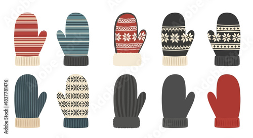 A collection of ten different knitted mittens and gloves in various patterns and colors, displayed in two rows against a white background.