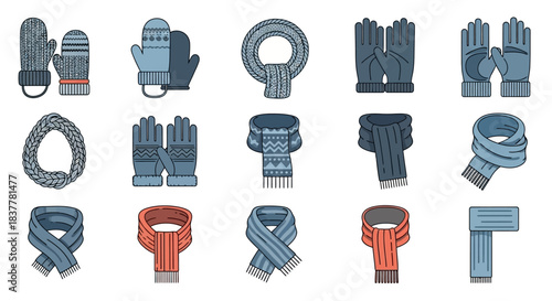 A collection of winter clothing accessories including various styles of gloves, mittens, and scarves, presented in a flat design illustration.