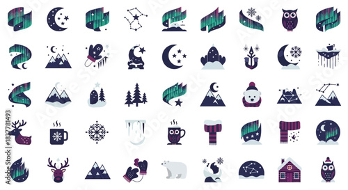 A collection of charming winter-themed icons featuring celestial bodies, arctic animals, and cozy elements.