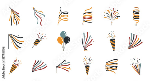 A collection of festive party elements including confetti poppers, streamers, and balloons in a flat design style.