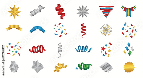 A collection of festive party elements including confetti, streamers, ribbons, and starbursts in various colors and shapes.