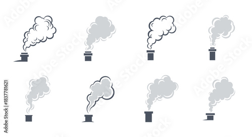 Collection of eight stylized illustrations of smoke or steam billowing from chimneys, depicting industrial pollution or heating.
