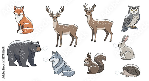 A collection of winter forest animals including a fox, deer, bear, wolf, owl, squirrel, rabbit, and hedgehog.