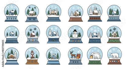 A collection of charming winter-themed snow globes, each depicting a unique festive scene with houses, trees, and snowy landscapes.