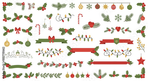 A collection of festive Christmas-themed graphic elements and decorations, including holly, berries, pine branches, lights, candy canes, and bows.
