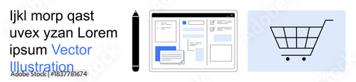 Digital marketing, e-commerce, website design, online shopping, user interface, mobile apps. Elements feature text layouts, a digital screen and a shopping cart. E-commerce and website design