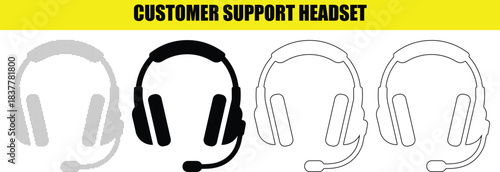 Customer support headset vector set with transparent background, black solid fill, white solid fill, and outline stroke
