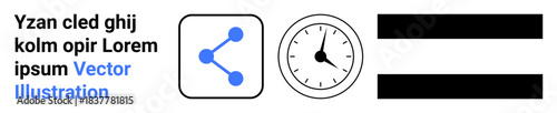Social media, communication, time management, scheduling, equality, human rights. Minimalist icons include a share symbol, a clock and parallel bars. Social media and communication